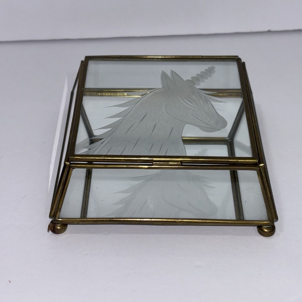 Vtg Brass w/ Etched UNICORN Glass Lid & Mirror Hinged Curio Jewelry Trinket Box